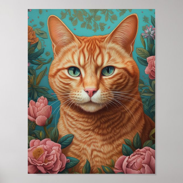 Affiche Gingembre Tabby Chat et pivoines (Devant)