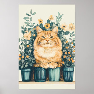 Affiche Ginger Tabby Cat entouré de fleurs florissantes