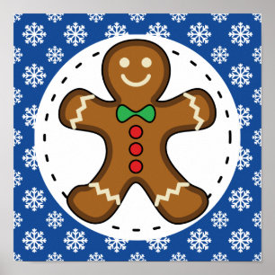 Affiche Gingerbread Man on Blue White Snowflakes