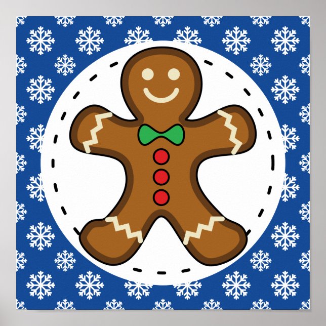 Affiche Gingerbread Man on Blue White Snowflakes (Devant)