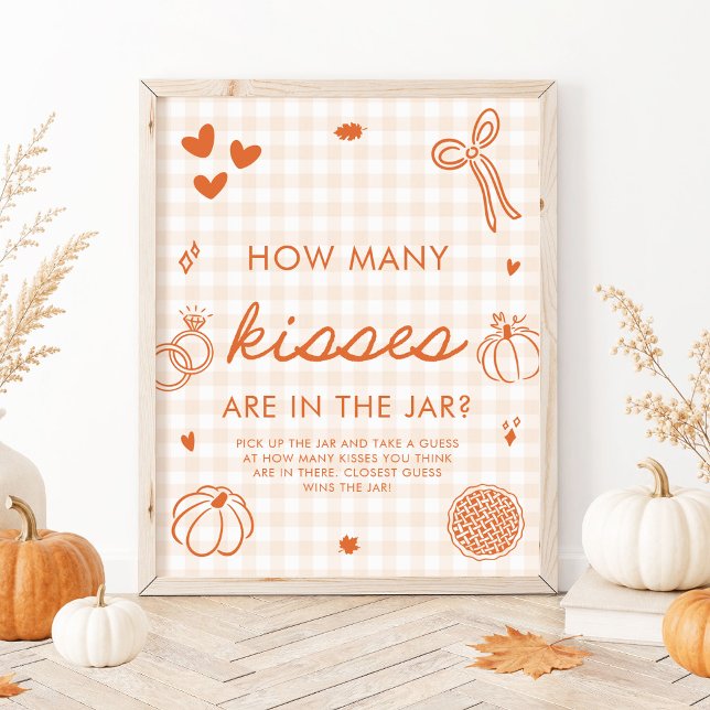 Affiche Gingham Orange Automnal Dessiné à la Main Combien  (Fall Orange Gingham Hand Drawn How Many Kisses Game Sign)