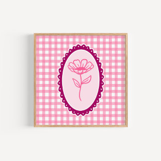 Affiche Gingham rose et blanc et cadre d'art floral
