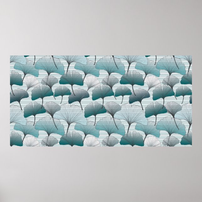 Affiche Gingko biloba bleu motif sans soudure. (Devant)
