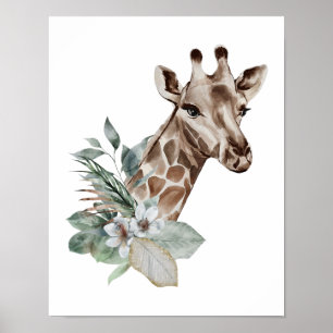 Affiche Girafe à l'aquarelle Safari Jungle Animal Botaniqu