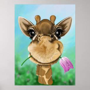 Affiche Girafe adorable à la fleur