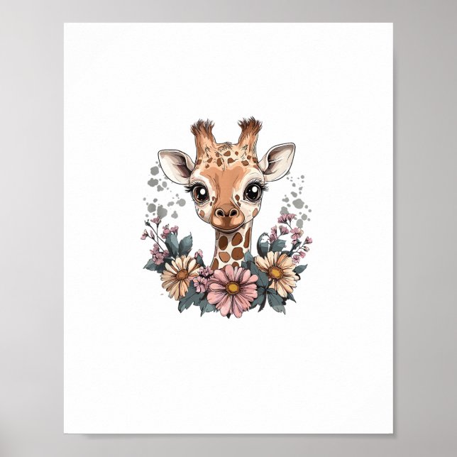 Affiche Girafe adorable entouré de fleurs _6 (Devant)