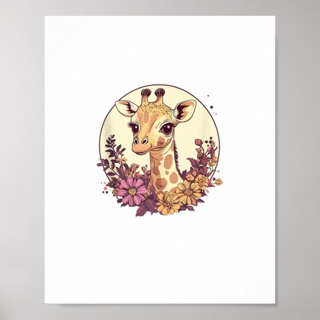 Affiche Girafe adorable entouré de fleurs _7 (Devant)