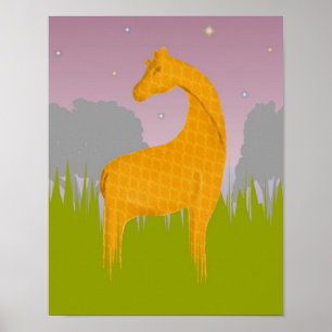 Affiche Girafe au coucher du soleil sur une plaine de Gras