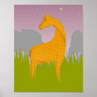 Affiche Girafe au coucher du soleil sur une plaine de Gras