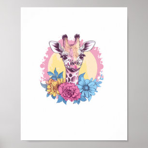 Affiche Girafe avec fond floral coloré