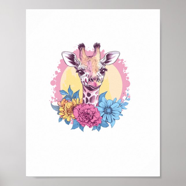 Affiche Girafe avec fond floral coloré   (Devant)