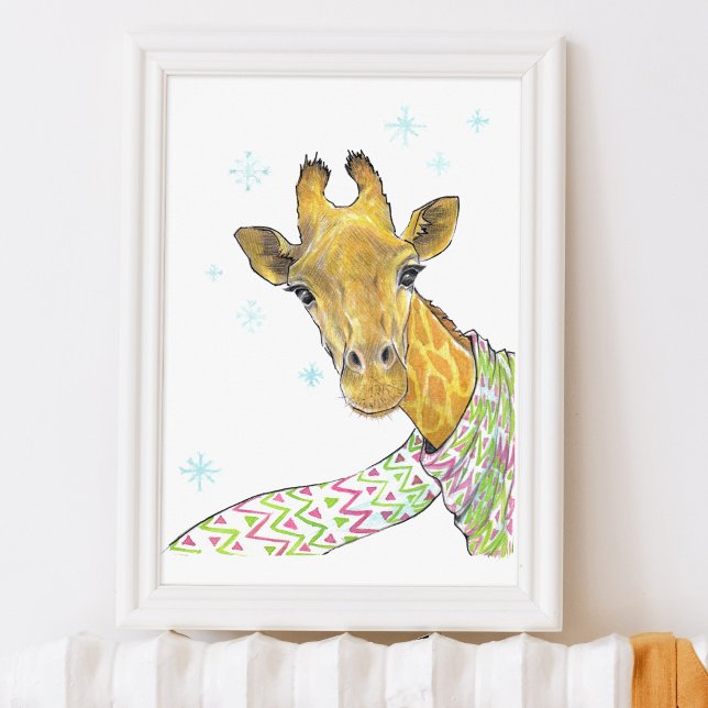 Affiche Girafe avec foulard Joli hiver Art animal Pépinièr (Créateur téléchargé)
