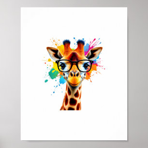 Affiche Girafe avec Lunettes et Éclaboussure Colorée - Cou