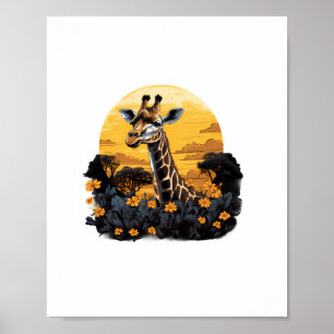 Affiche Girafe Coucher de soleil Floral Animal Art Savane