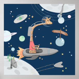 Affiche Girafe dans l'espace. Planètes. Crèche pour enfant