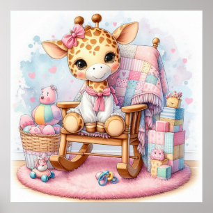 Affiche Girafe dans une fille de chaise à bascule