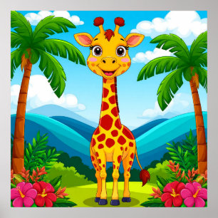 Affiche Girafe de dessin animé mignonne dans un paysage tr