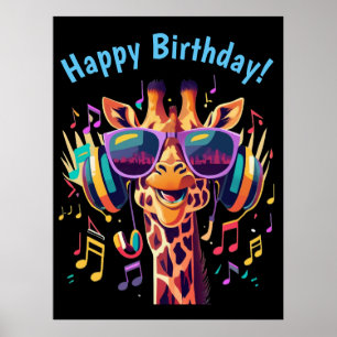 Affiche Girafe de fête colorée cool avec casque