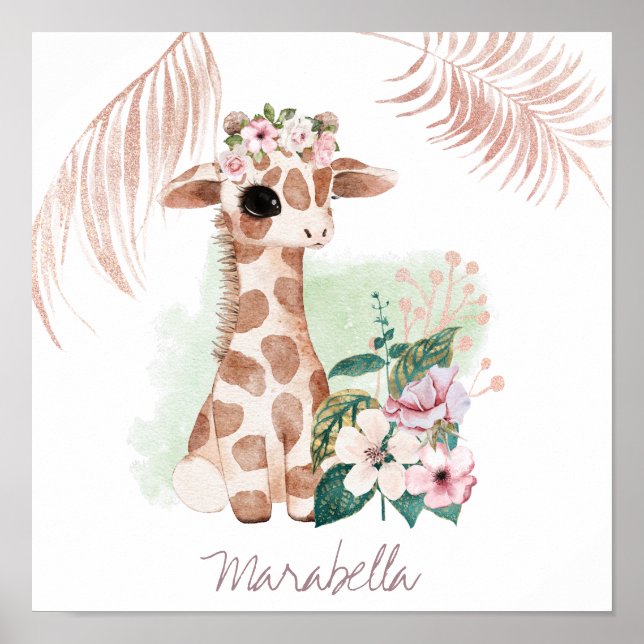 Affiche *~* Girafe de Noms de Bébé Rose Doré Fille Jungle  (Devant)
