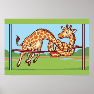 Affiche Girafe Drôle de Saut en Hauteur Dessin Animé