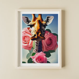 Affiche Girafe drôle et art numérique de roses