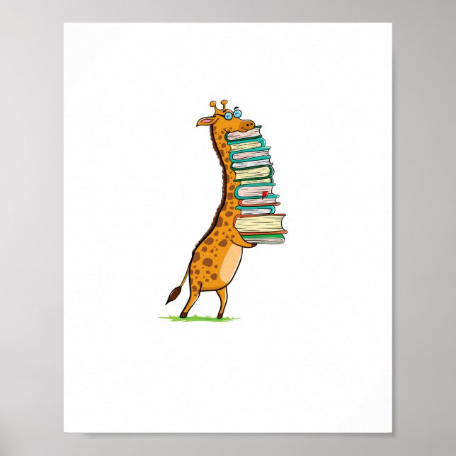 Affiche Girafe drôle lisant des livres J'aime ma bibliothè (Devant)