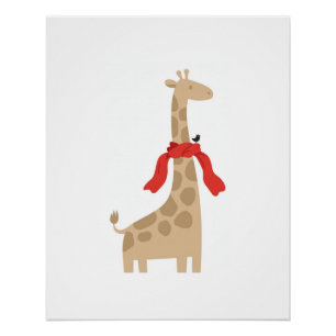 Affiche Girafe Écharpe Rouge Noeud Oiseau