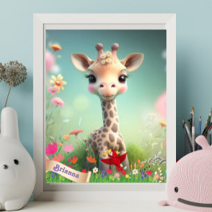 Affiche Girafe Mignonne dans le Jardin Art Personnalisé po