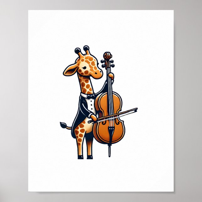 Affiche Girafe Mignonne Jouant du Violoncelle Musicien de  (Devant)