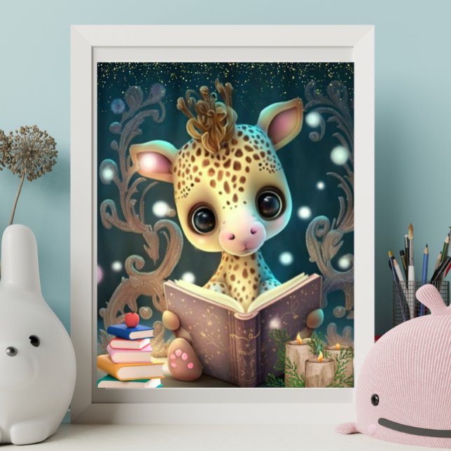Affiche Girafe mignonne lisant un livre Art pour la nurser (Créateur téléchargé)