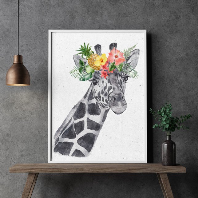 Affiche Girafe noir et blanc avec couronne de fleurs anima (Créateur téléchargé)