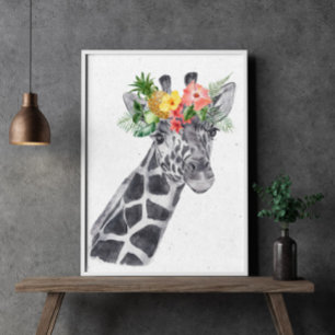 Affiche Girafe noir et blanc en couronne de fleurs Animal
