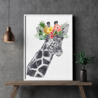 Affiche Girafe noir et blanc en couronne de fleurs Animal