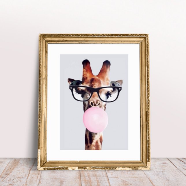 Affiche Girafe Portant des lunettes soufflant rose bulle g (Créateur téléchargé)