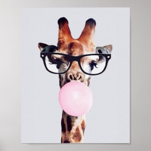Affiche Girafe Portant des lunettes soufflant rose bulle g