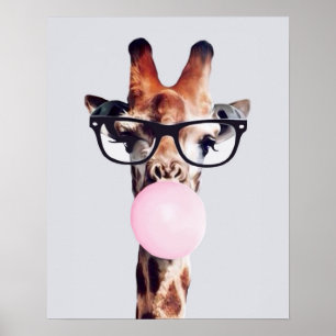 Affiche Girafe portant des lunettes soufflant un bubble gu