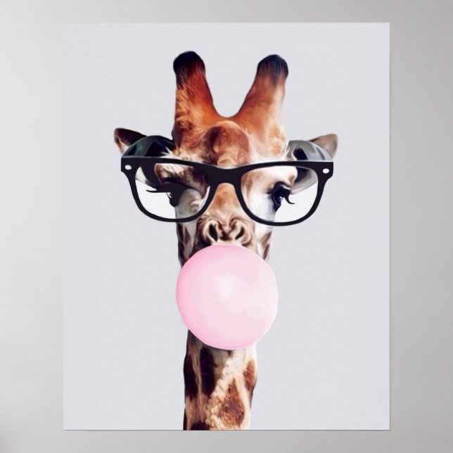 Affiche Girafe portant des lunettes soufflant un bubble gu (Devant)