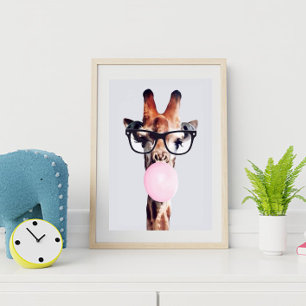 Affiche Girafe portant des lunettes soufflant un bubble gu
