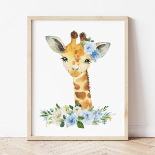 Affiche Girafe, Safari, Jungle, Fleurs Bleues, Chambre de 