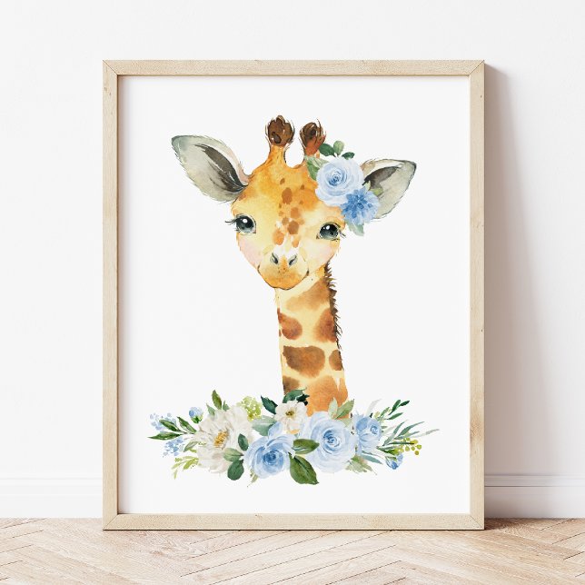 Affiche Girafe, Safari, Jungle, Fleurs Bleues, Nursery Gar (Créateur téléchargé)