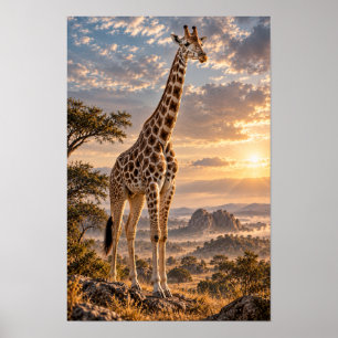 Affiche Girafe sur toile de fond de savane au coucher de s