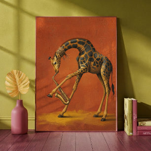 Affiche Girafe surréaliste jouant du saxophone Musical
