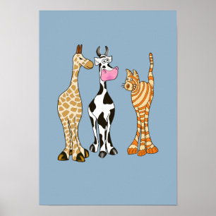 Affiche Girafe vache et chat, animaux comiques.