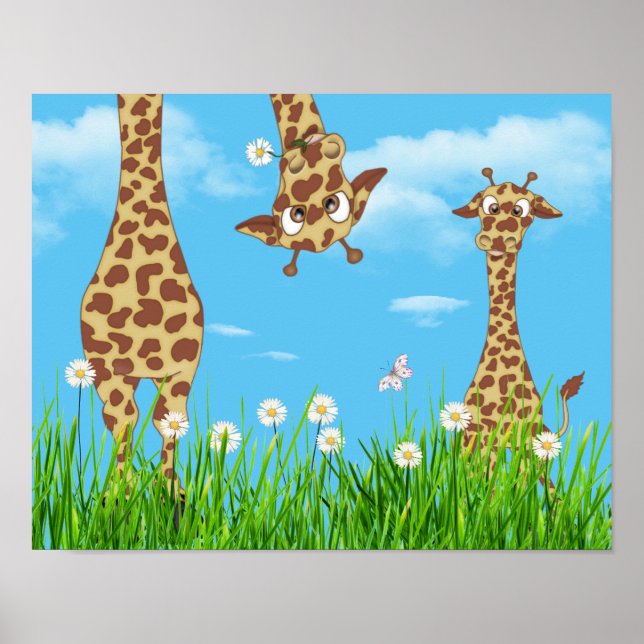 Affiche Girafes dans l'herbe avec des nuages (Devant)