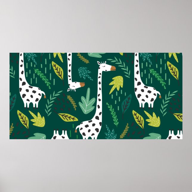 Affiche Girafes, feuilles, fond dessiné à la main. Coul (Devant)