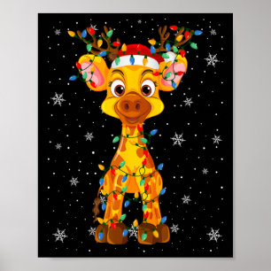 Affiche Giraffe Animal Santa Chapeau Vilain Arbre de Noël