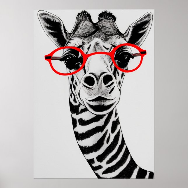 Affiche Giraffe cool en lunettes rouges Giraffe Dessin Art (Devant)