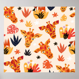 Affiche Giraffe de dessin : Floral Savanna Motif