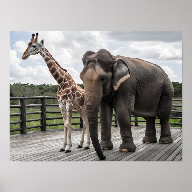 Affiche Giraffe élégante et paire d'éléphants sur pont en  (Devant)