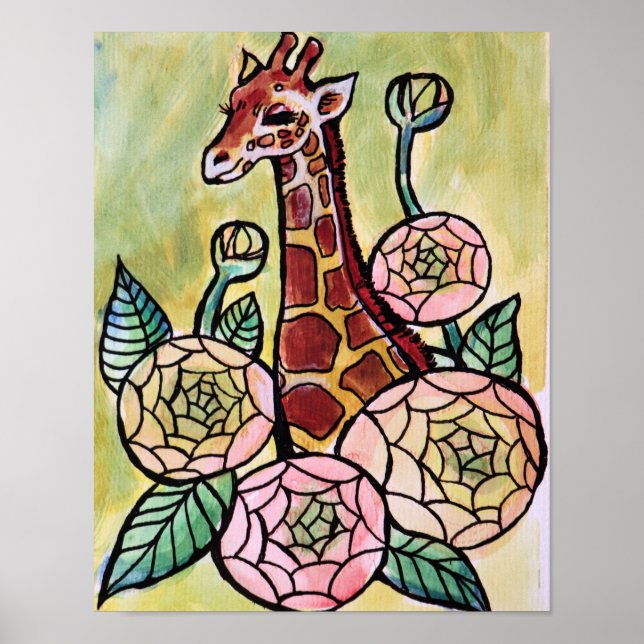 Affiche Giraffe et fleurs Giraffes illustration florale (Devant)